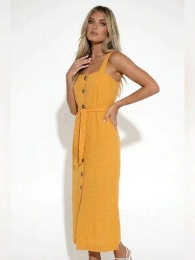 Lost in Lunar Mango Yellow Orange Cotton Gauze Button Front Midi Sundress